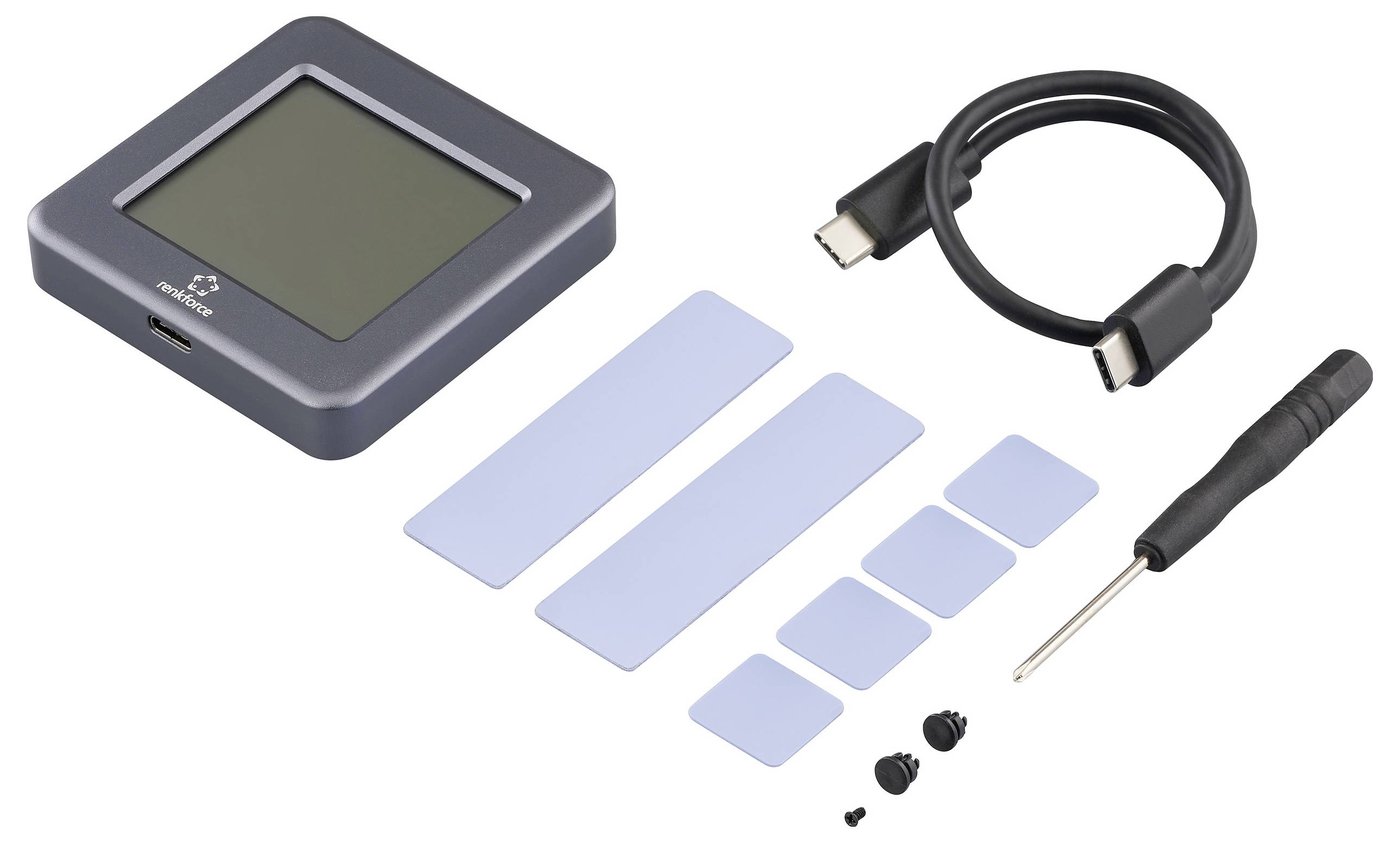 Ein digitales Gerät mit Display, USB-C-Kabel, blauen Thermalpads, kleinen Schrauben und einem Schraubendreher zeigt Komponenten für die Montage.