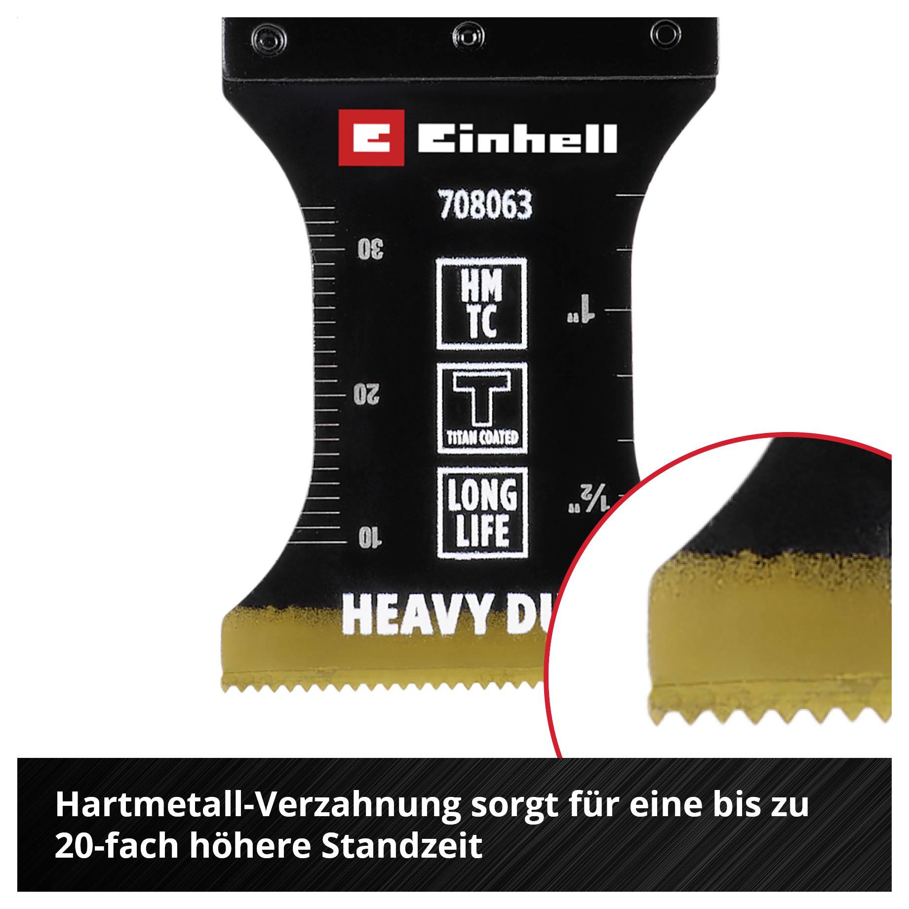 'Einhell' Multifunktionswerkzeug-Klinge mit Hartmetallverzahnung. Text betont 20-fach höhere Standzeit durch Titanbeschichtung.