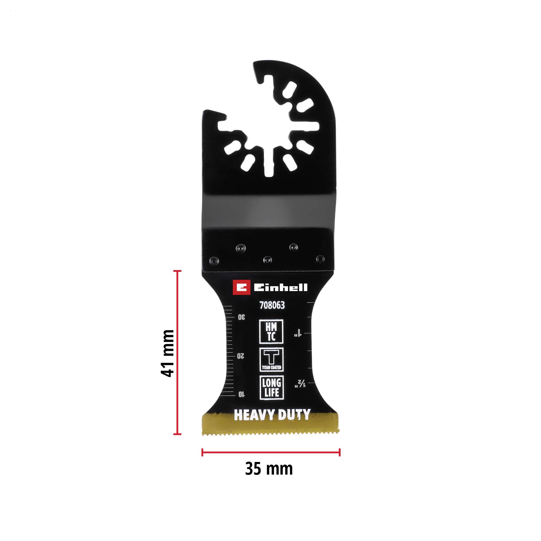 Ein oszillierendes Sägeblatt mit der Aufschrift 'Heavy Duty', 41 mm lang und 35 mm breit, geeignet für den Einsatz in Holzbearbeitung.