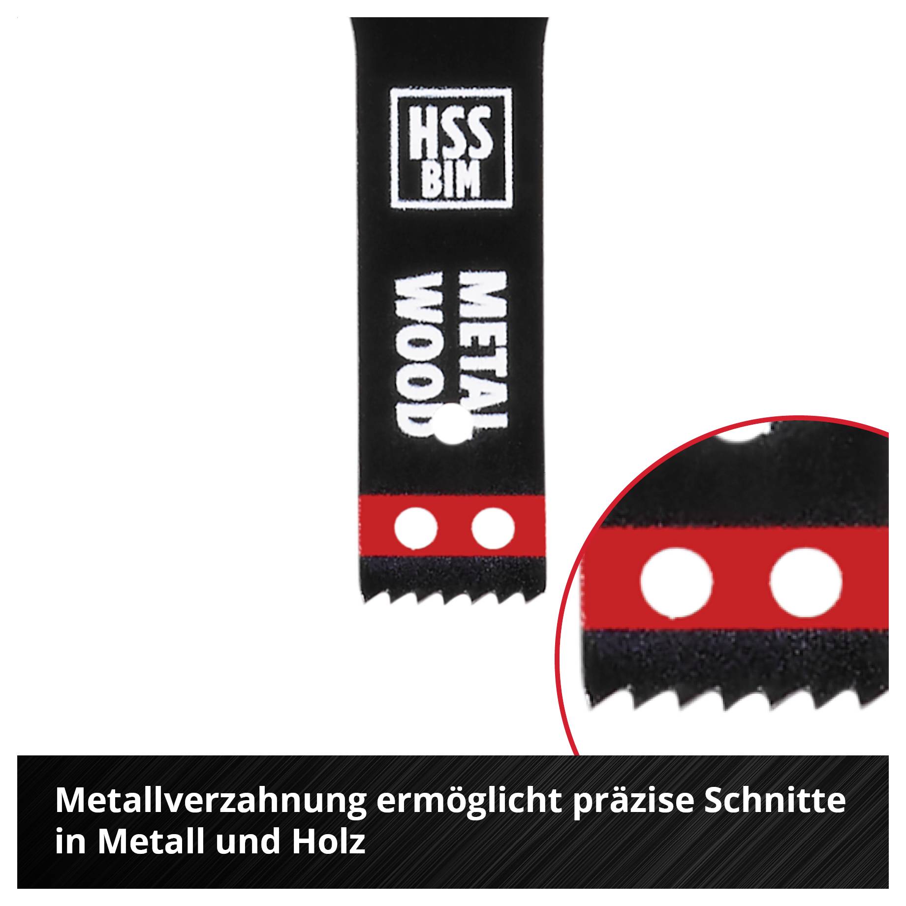 'Sägeblatt mit Beschriftung HSS BIM, geeignet für Metall und Holz. Vergrößerter Bildausschnitt zeigt Zahnform. Text: 