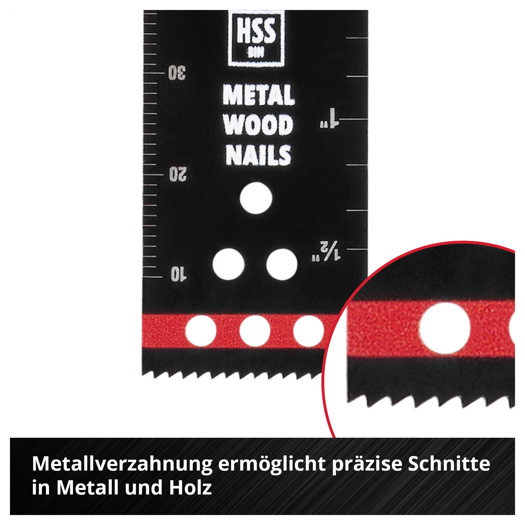 Sägeblatt für Metall, Holz, Nägel mit Metallverzahnung; geeignet für präzise Schnitte. Nahaufnahme des verzahnten Teils.