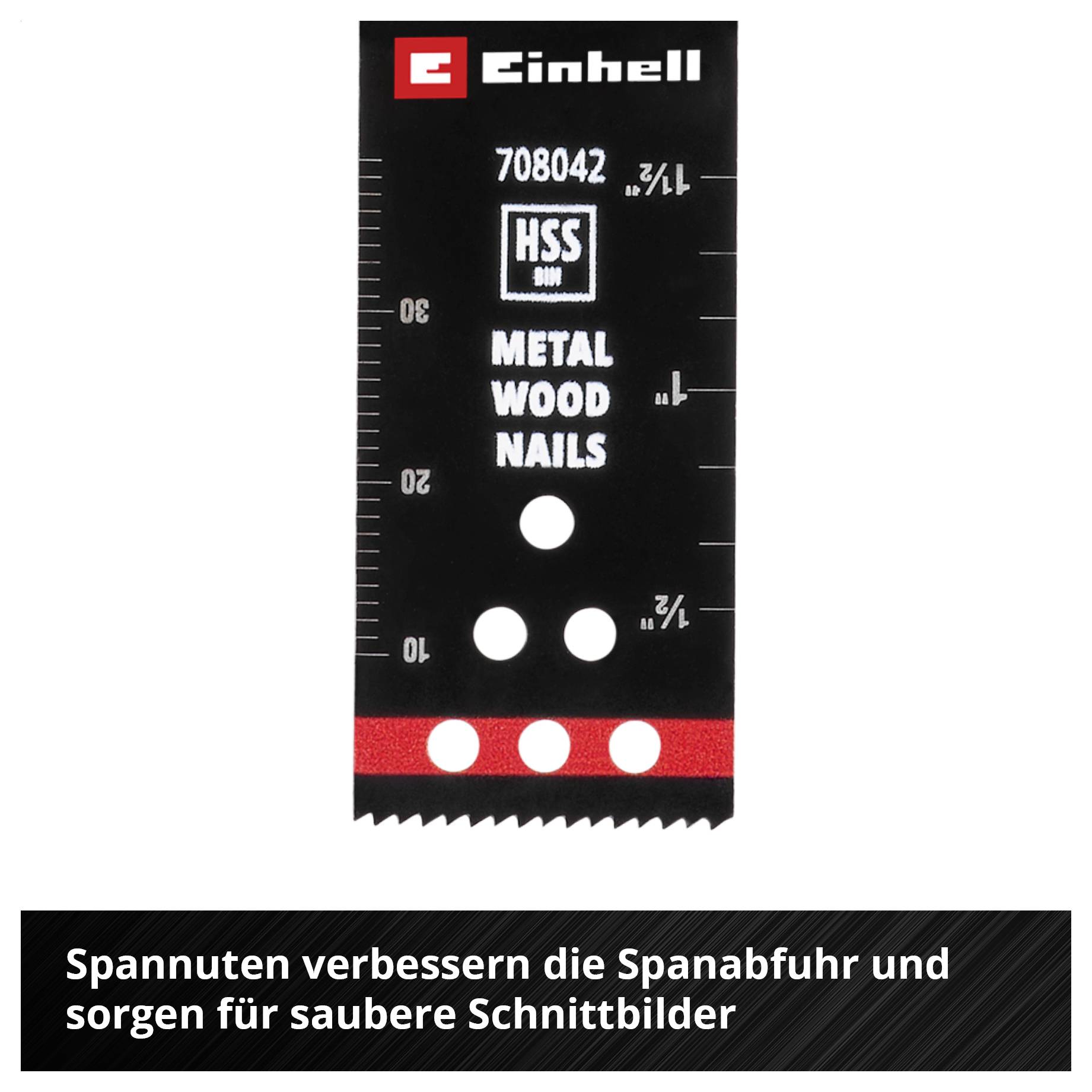 Metallsägeblatt von Einhell mit Maßangaben, symbolisiert als für Metall, Holz und Nägel geeignet. Text: 'Spannut verbessert Schnittbilder'.