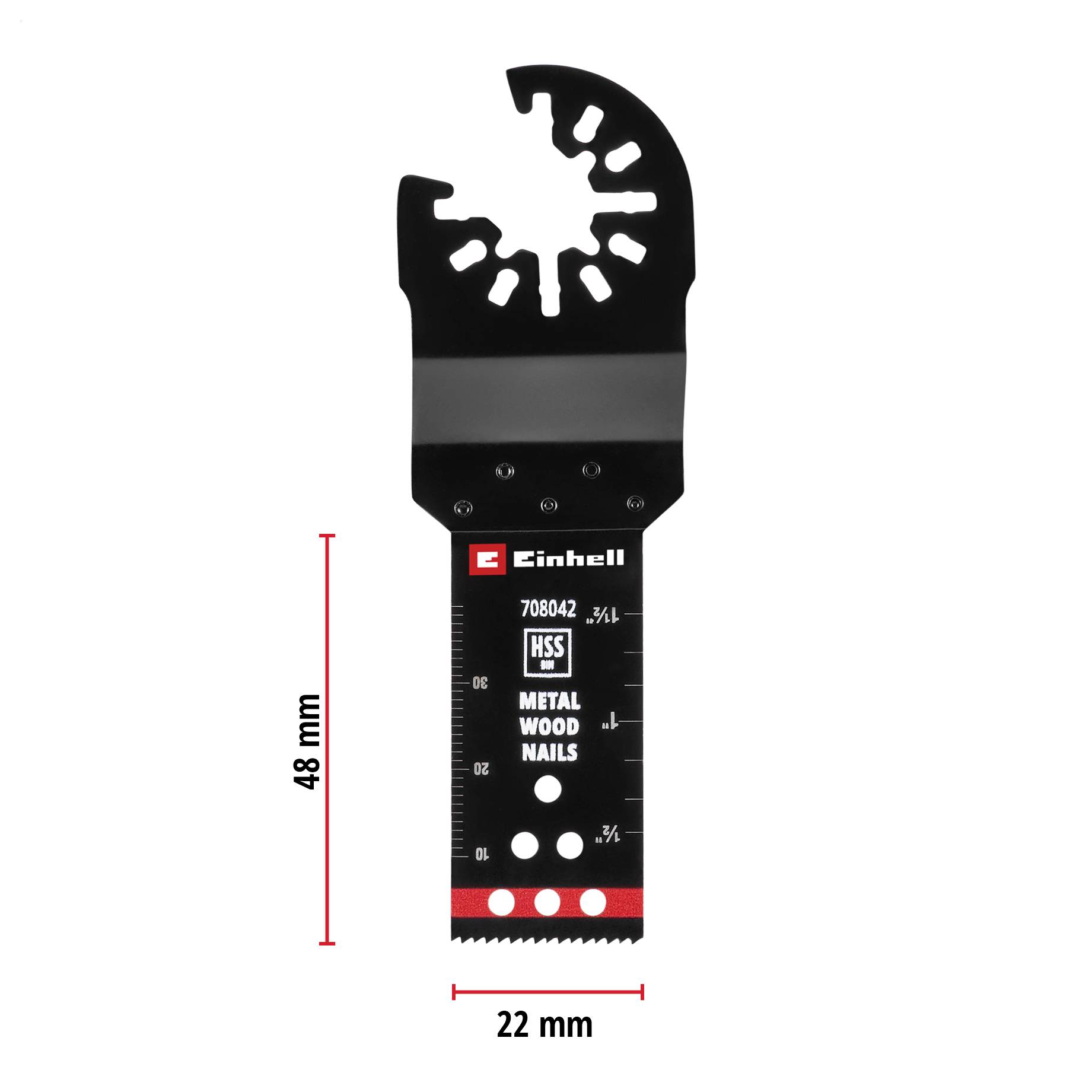Multifunktions-Sägeblatt für oszillierende Werkzeuge, geeignet für Metall und Holz, 48 mm Länge, 22 mm Breite, beschriftet.