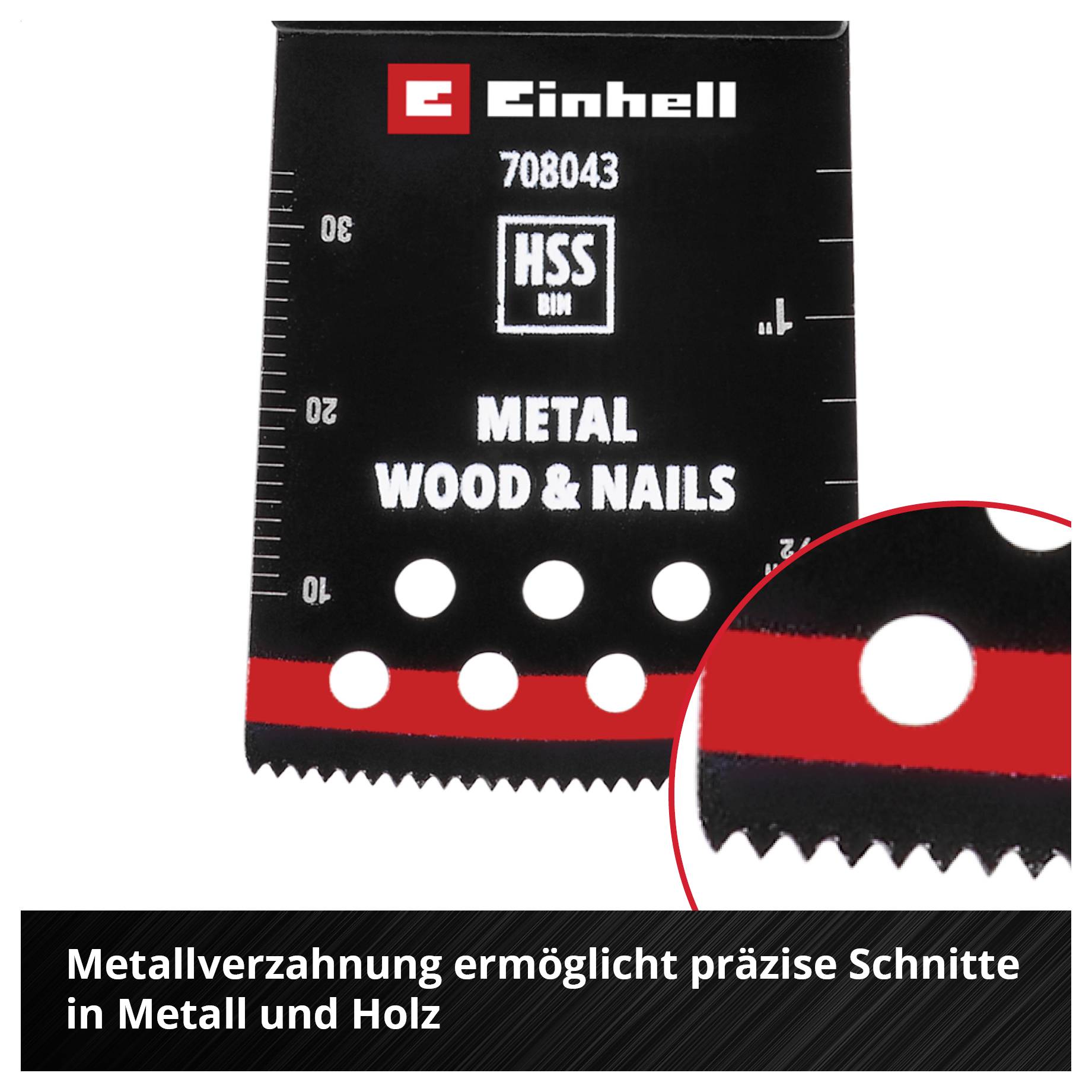 Sägeblatt mit Metallverzahnung von Einhell für präzise Schnitte in Metall, Holz und Nägel. Scharfe Zähne in Großaufnahme.