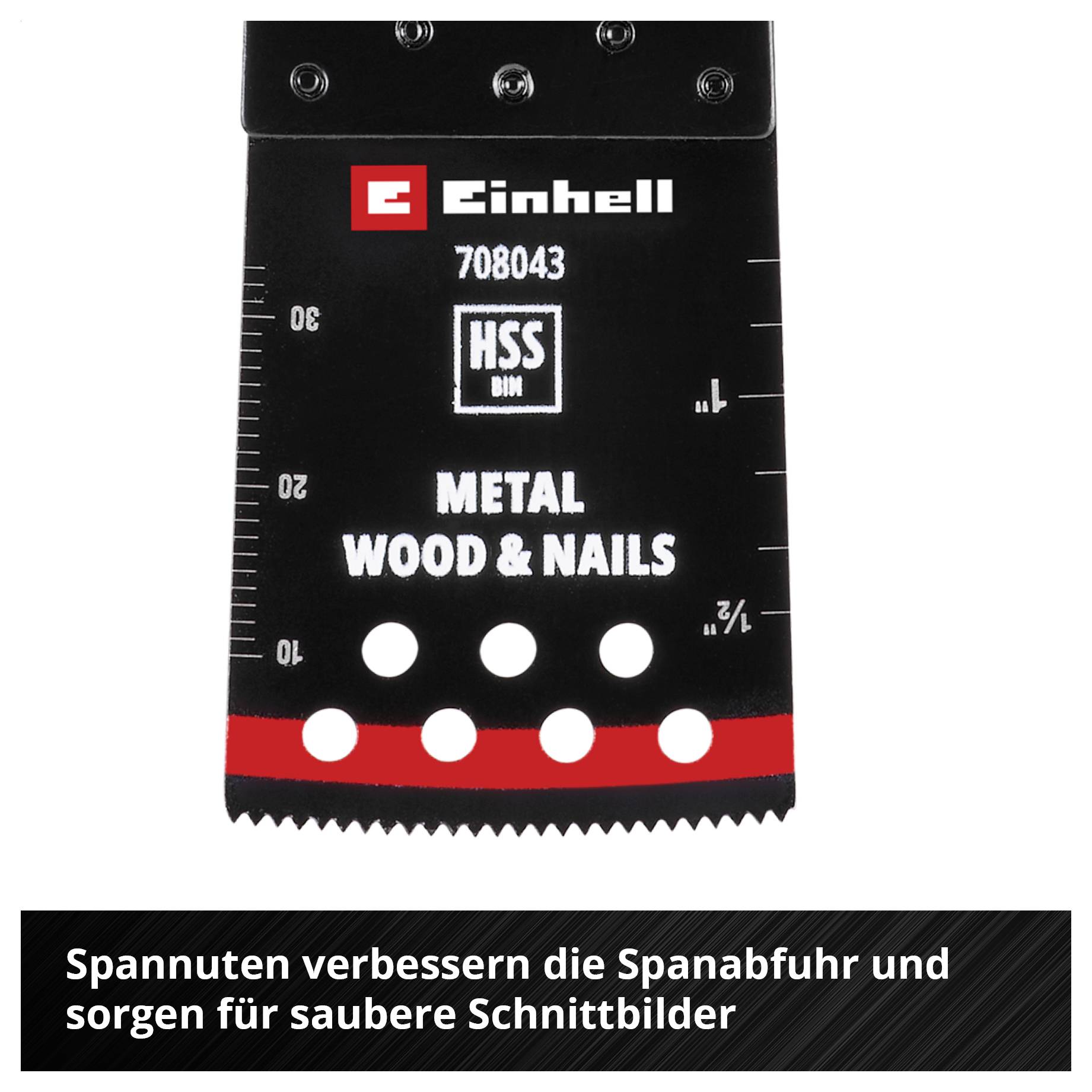 Einhell Metall-, Holz- & Nagel-Sägeblatt mit Spannuten zur Verbesserung der Spanabfuhr und für saubere Schnittbilder.
