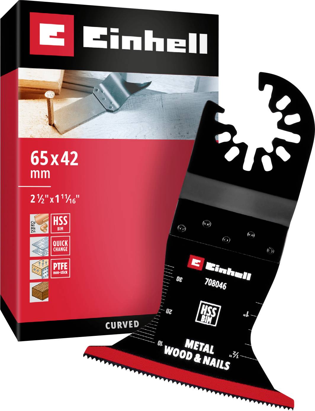 'Einhell' multiresives Sägeblatt; geeignet für Metall, Holz, Nägel; Größe: 65x42 mm; Verpackung zeigt Anwendungen.