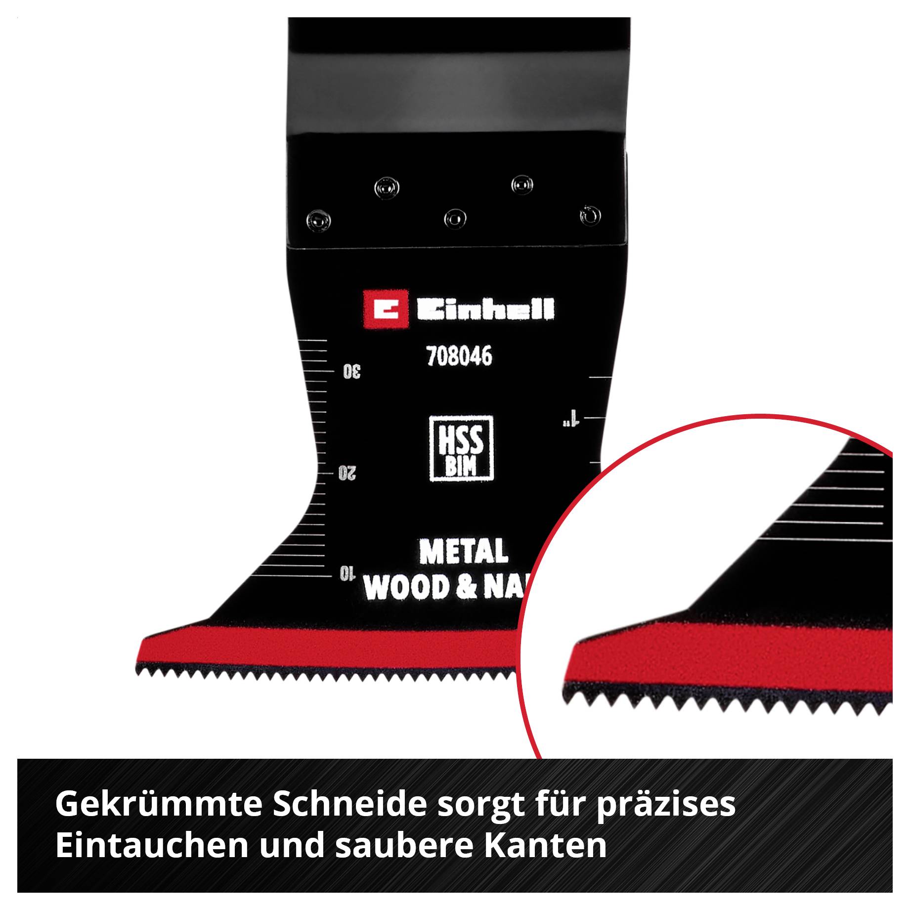 'Einhell' Sägeblatt mit gebogener Schneide, ideal für präzises Schneiden und saubere Kanten. Geeignet für Metall, Holz und Nägel.
