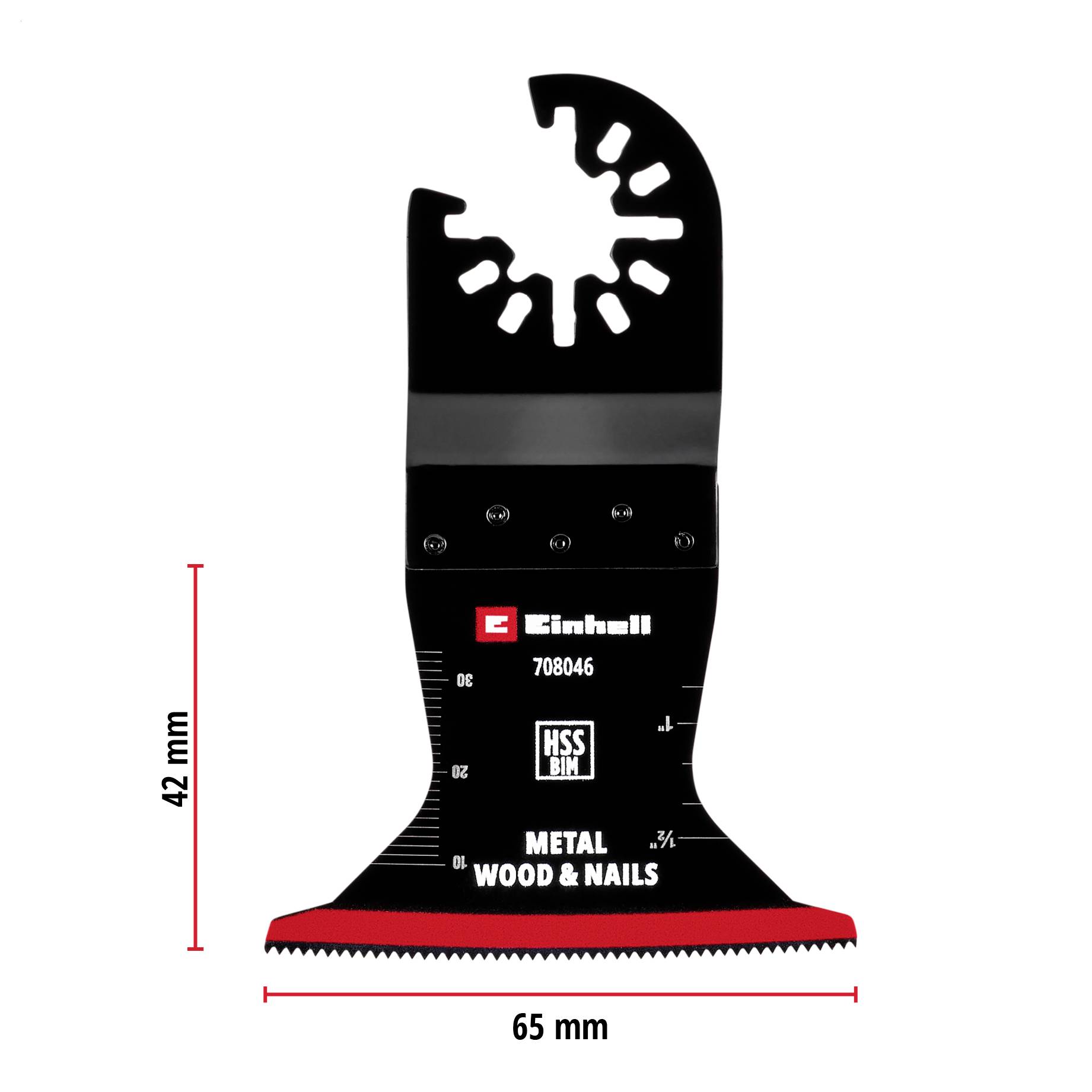 Ein oszillierendes Sägeblatt für Metall, Holz und Nägel von Einhell, mit der Aufschrift 'HSS BIM', 42 mm x 65 mm, schwarz-rot.