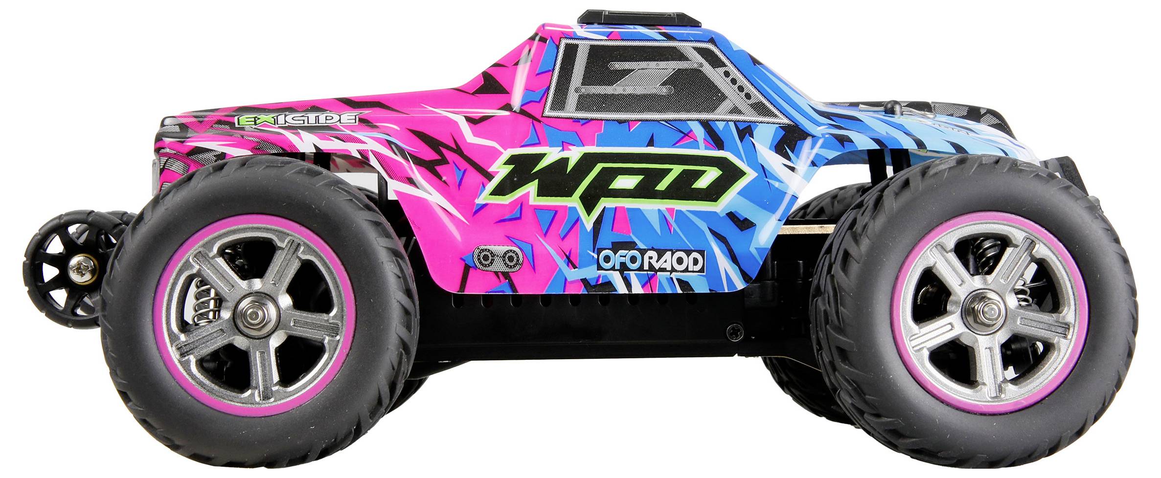 Ein ferngesteuertes Auto in bunten Farben (blau, lila, schwarz) mit großen Reifen. Designtext 'WFD' und 'Offroad' auf der Seite.