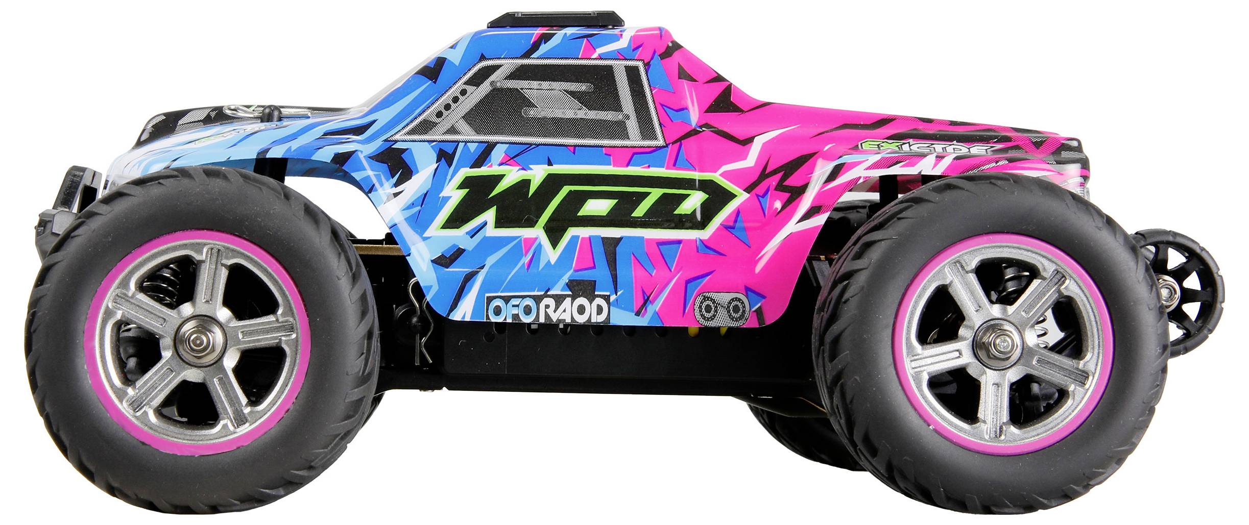 Spielzeugauto: Buntes Offroad-Design mit großen Reifen, blauer und pinker Karosserie.