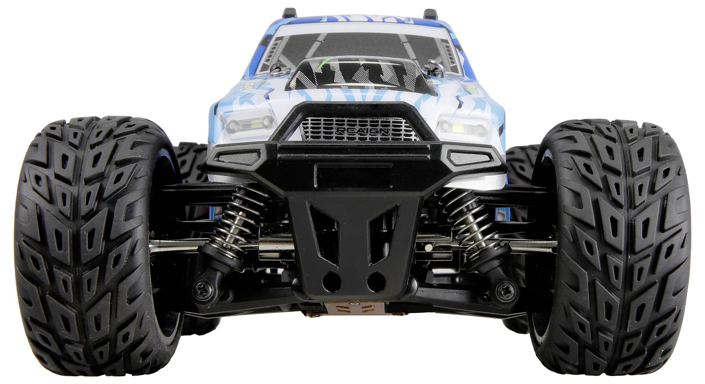 Ferngesteuertes Auto mit blauer Karosserie und großen schwarzen Reifen, frontalansicht.