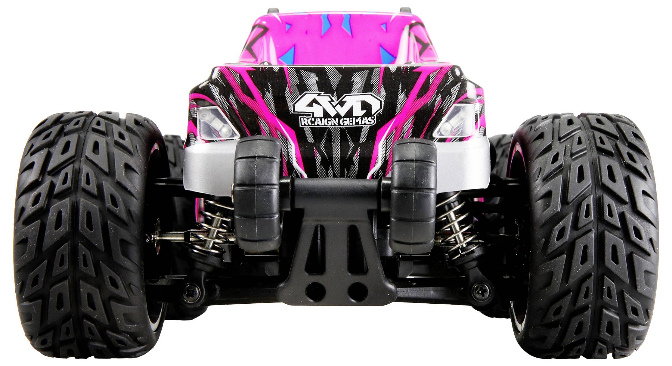 Ein Spielzeug-RC-Auto mit großen Reifen und einem pink-schwarzen Design steht auf einem weißen Hintergrund.