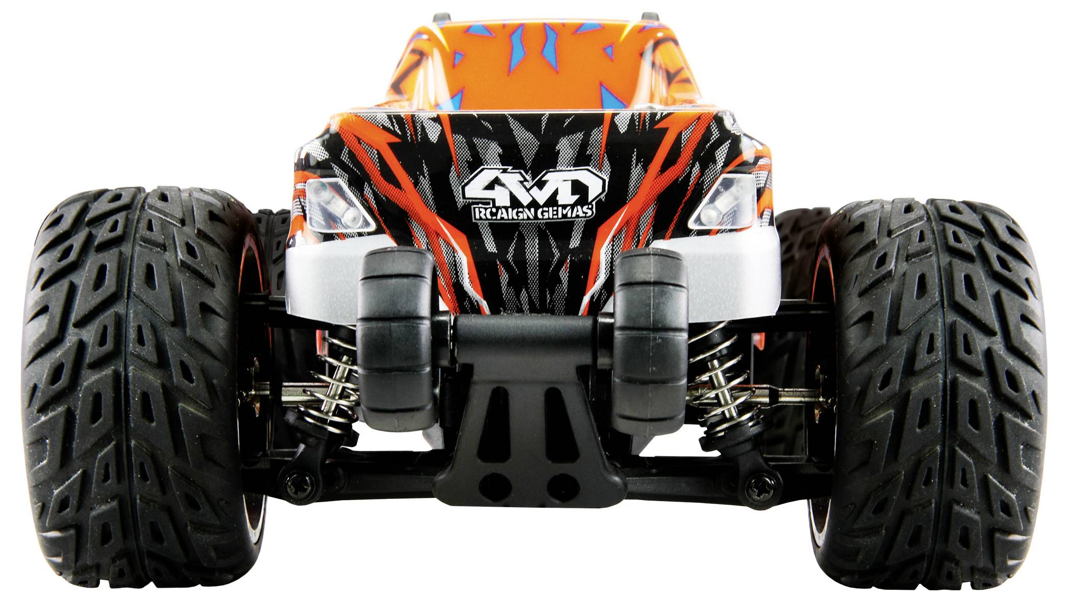 Ferngesteuertes Auto mit breiten Reifen und orange-schwarzem Design, gesehen von vorne.