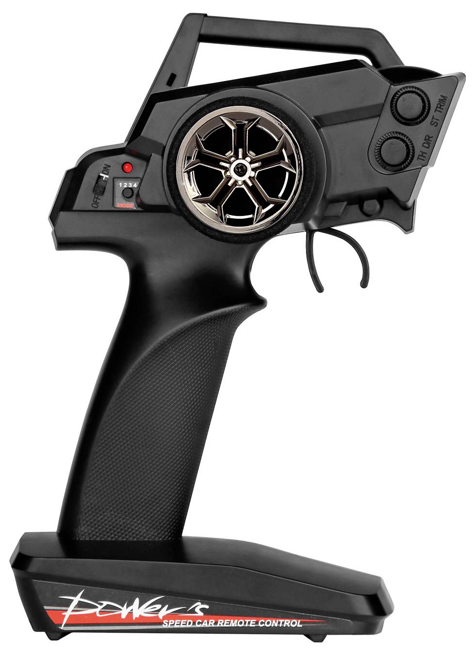 Ein schwarzer Fernsteuerungs-Controller mit Radsteuerung, abgebildet auf weißem Hintergrund. Text auf der Basis: 'Powerle Speed Car Remote Control'.