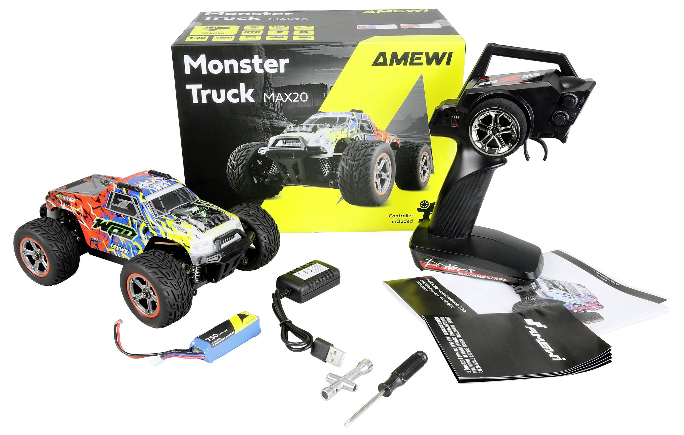 Ferngesteuertes Monster-Truck-Set bestehend aus einem bunt gestalteten Truck, Fernsteuerung, Zubehörteilen und Anleitung.