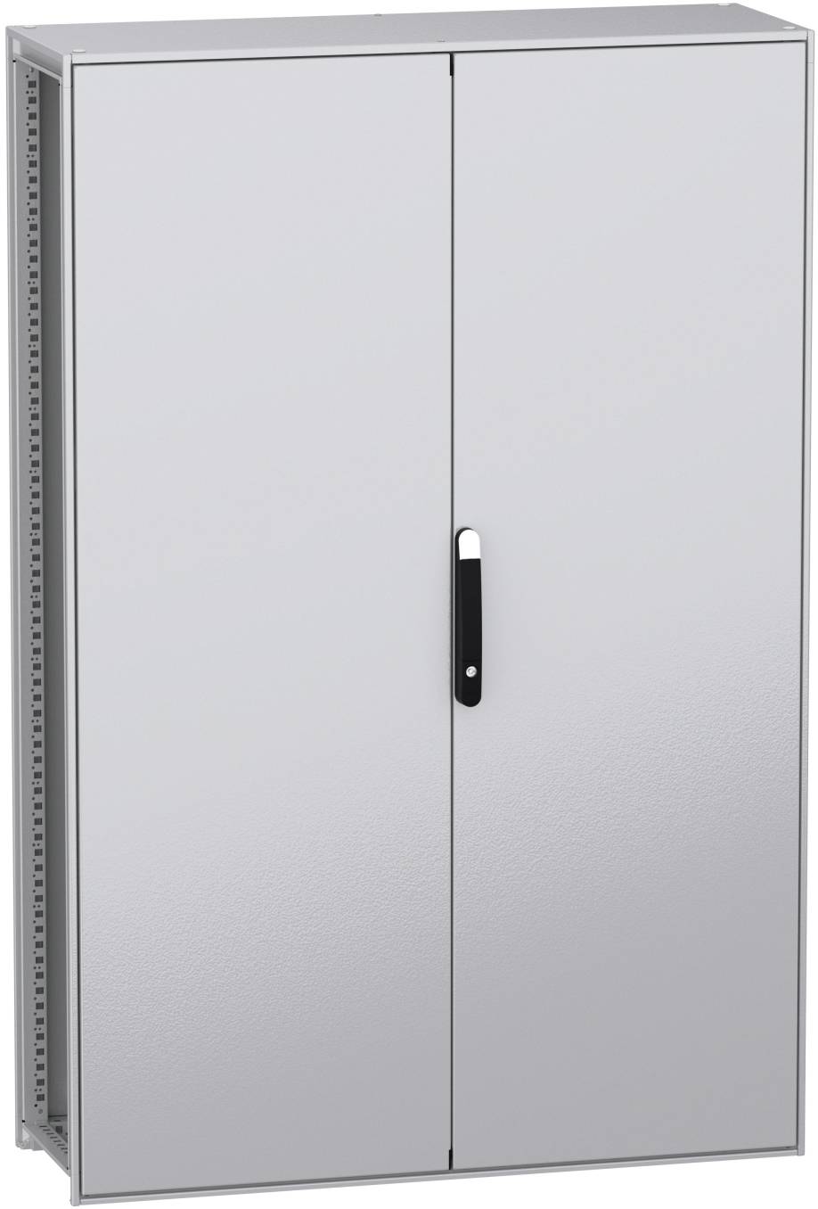 Metallschrank mit zwei Türen und einem schwarzen Griff in der Mitte. Der Schrank steht aufrecht und hat eine glatte Oberfläche.