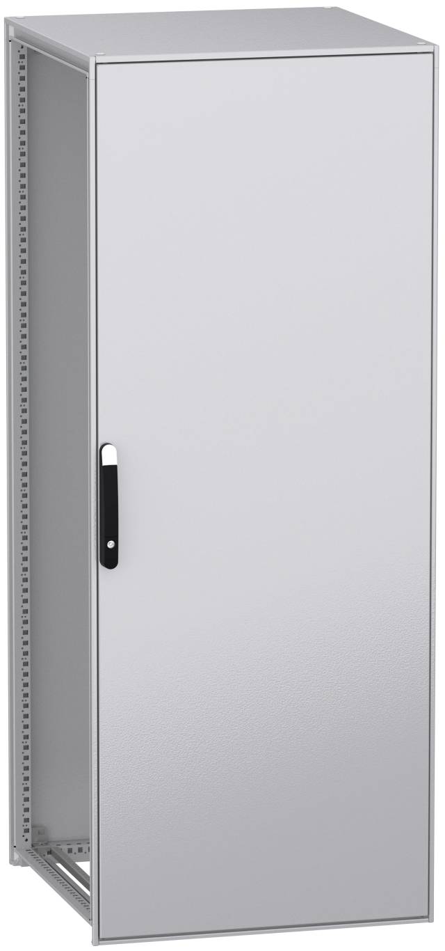 Ein grauer, rechteckiger Metallschrank mit einer schwarzen Griffleiste an der linken Seite. Der Schrank steht aufrecht.