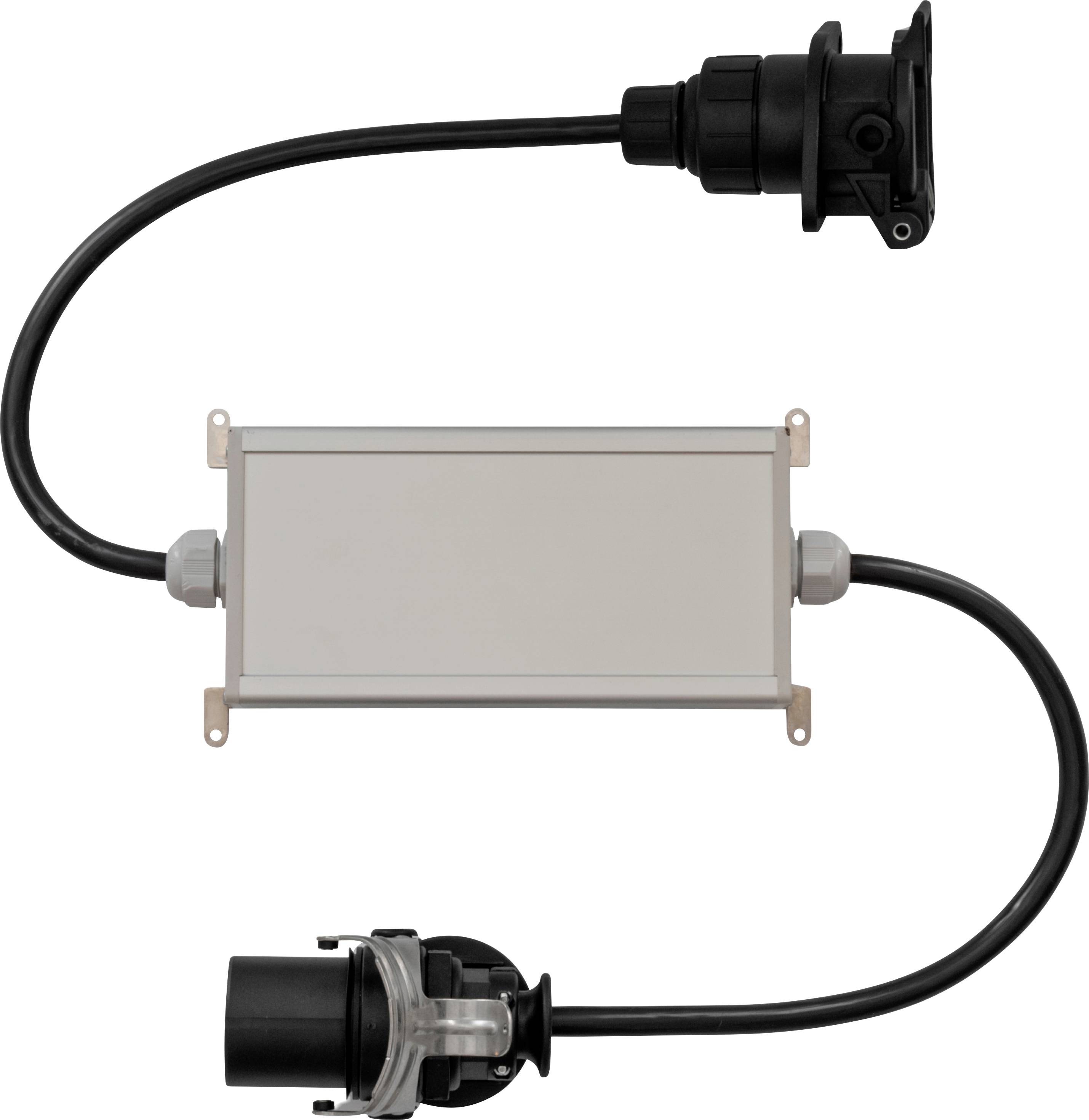 Ein rechteckiges elektrisches Gerät mit zwei schwarzen Kabeln, die von jedem Ende abgehen, wobei jedes Kabel in einen schwarzen Stecker mündet. Das Gerät ist dazu bestimmt, zwei elektrische Systeme zu verbinden oder anzupassen.