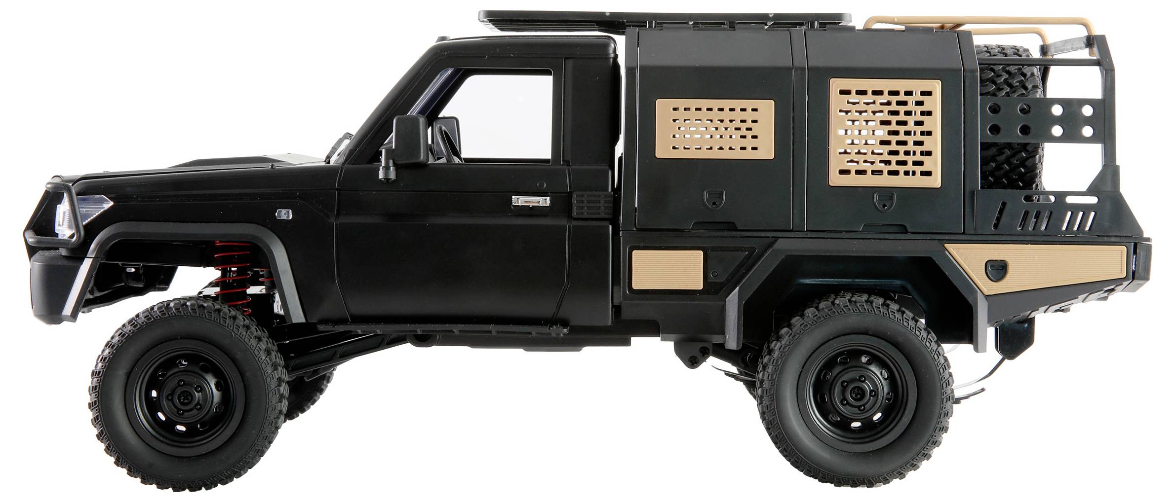 Schwarzes, offroadfähiges Fahrzeug im Seitenprofil mit verstärkter Karosserie und großen Reifen, geeignet für schwieriges Gelände.