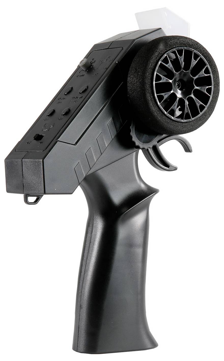 Ein schwarzer Funkcontroller mit einem großen Rad auf der rechten Seite, Griff und mehreren Tasten für die Steuerung eines ferngesteuerten Fahrzeugs.