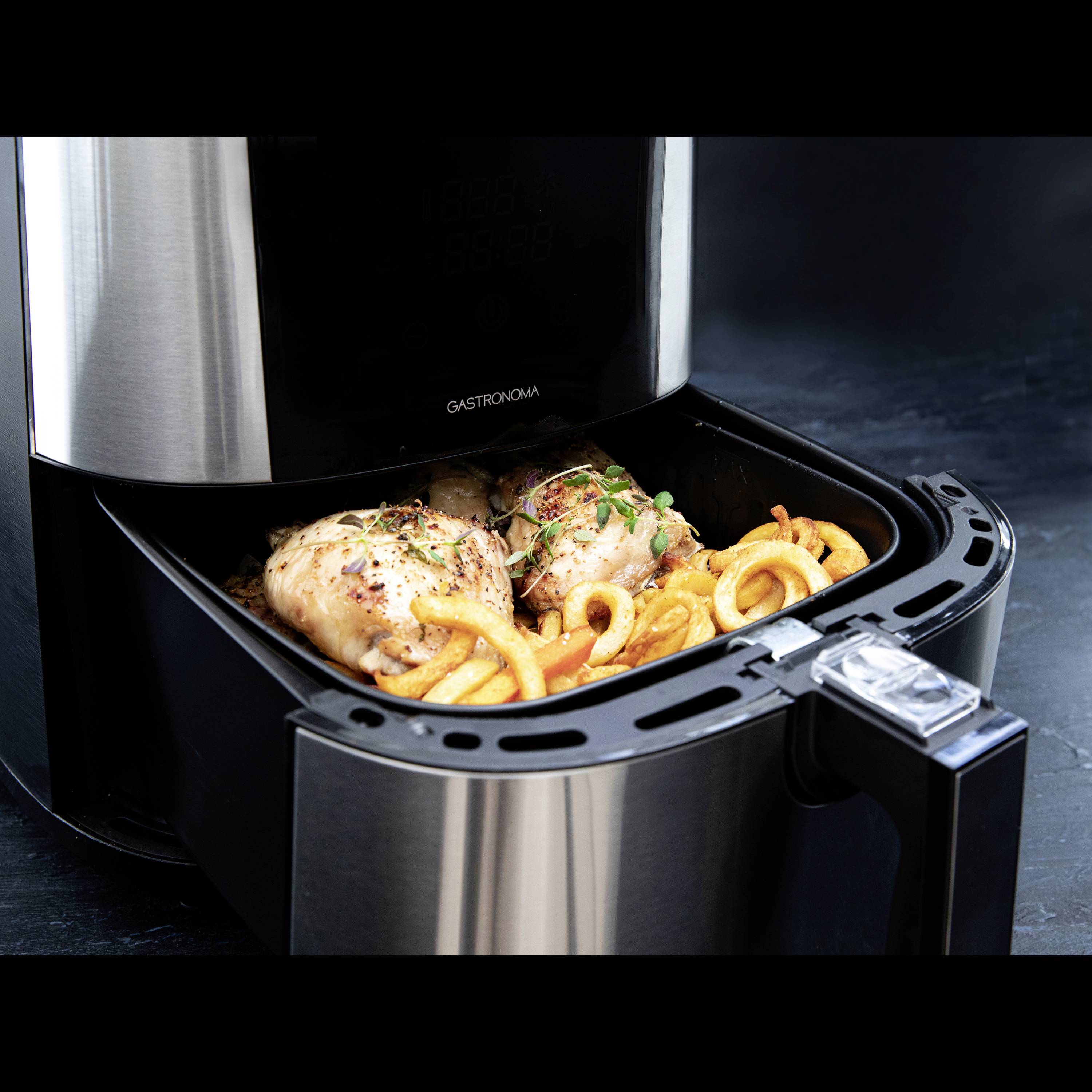 Gastronoma 18290002 Heißluft-Fritteuse 6l 1800W Kontrollleuchte, BPA-frei, Antihaftbeschichtung, Cool-Touch-Gehäuse Schwarz