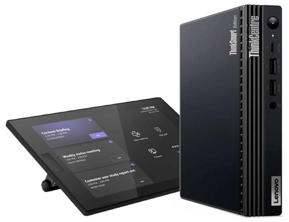 Ein Lenovo ThinkSmart-Gerät mit einer digitalen Anzeige, die einen Besprechungsplan zeigt, und ein ThinkCentre Edge Mini-Desktop-Computer, der daneben platziert ist.