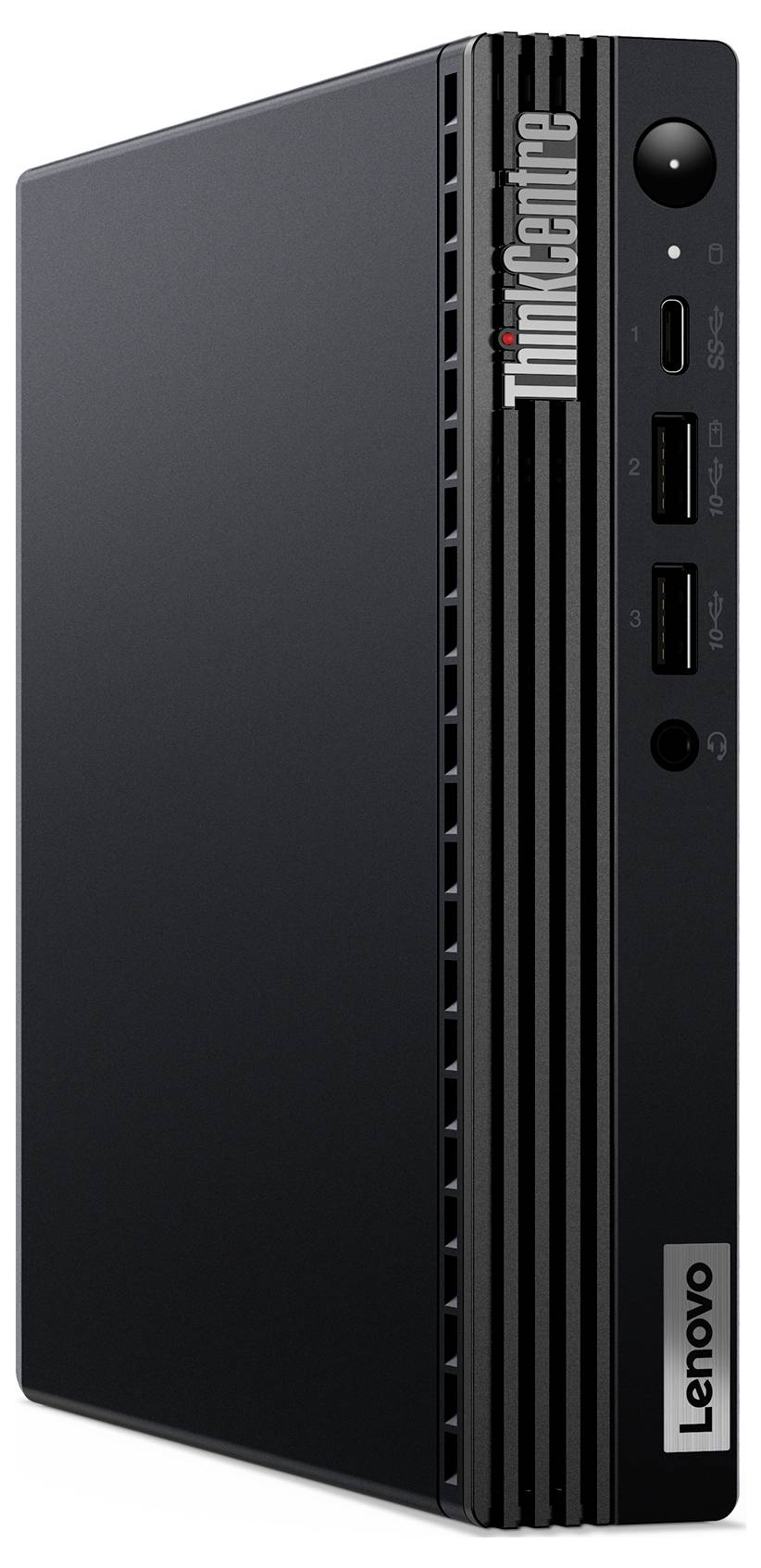 Ein kompakter Lenovo ThinkCentre Desktop-Computer in vertikaler Ausrichtung mit mehreren Anschlüssen auf der Frontplatte für Konnektivität.