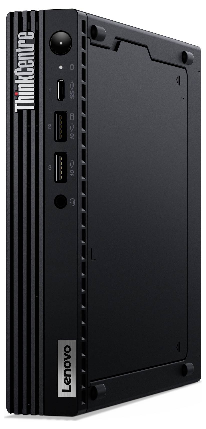 Ein schwarzer Lenovo ThinkCentre Mini-Desktop-Computer, der die vorderen Anschlüsse und Belüftung zeigt, mit einem 'ThinkCentre' Logo an der Seite.