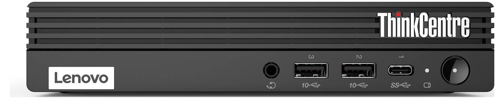 Ein Lenovo ThinkCentre Mini-Desktop mit verschiedenen Anschlüssen an der Vorderseite, darunter USB und Kopfhörerbuchse, und dem 'ThinkCentre' Logo auf der Oberseite.