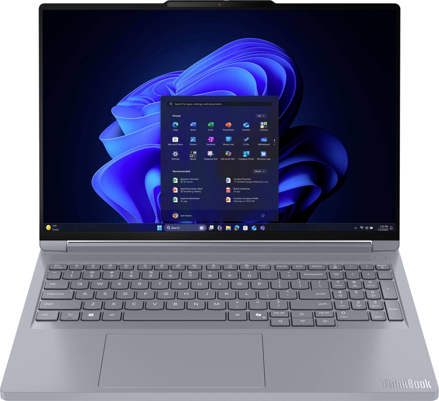 Ein silberner Laptop zeigt ein modernes Betriebssystem mit einem geöffneten Anwendungsmenü, das verschiedene App-Symbole enthält. Der Hintergrund besteht aus abstrakten blauen Formen.