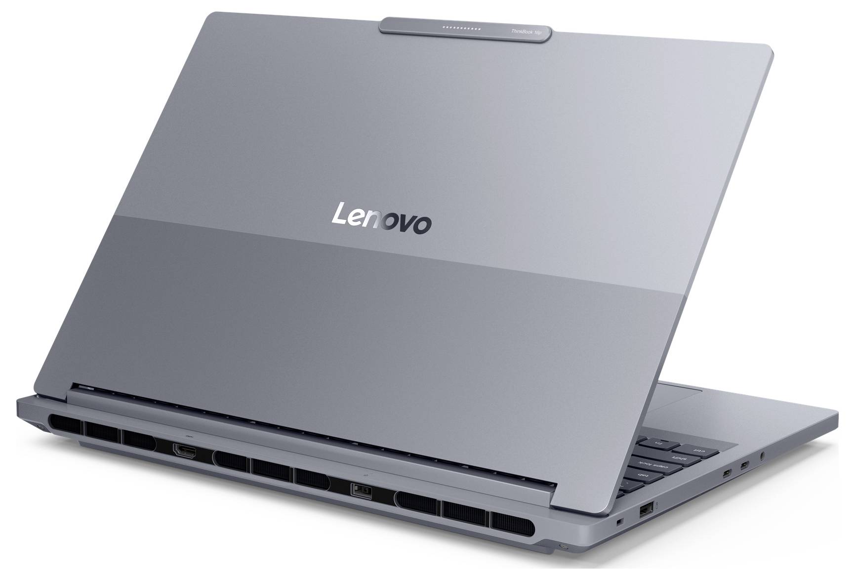 Silberner Lenovo-Laptop mit teilweise geschlossenem Deckel, auf dem das Markenlogo zu sehen ist. Das Design ist schlicht und modern und weist auf ein tragbares Gerät hin.