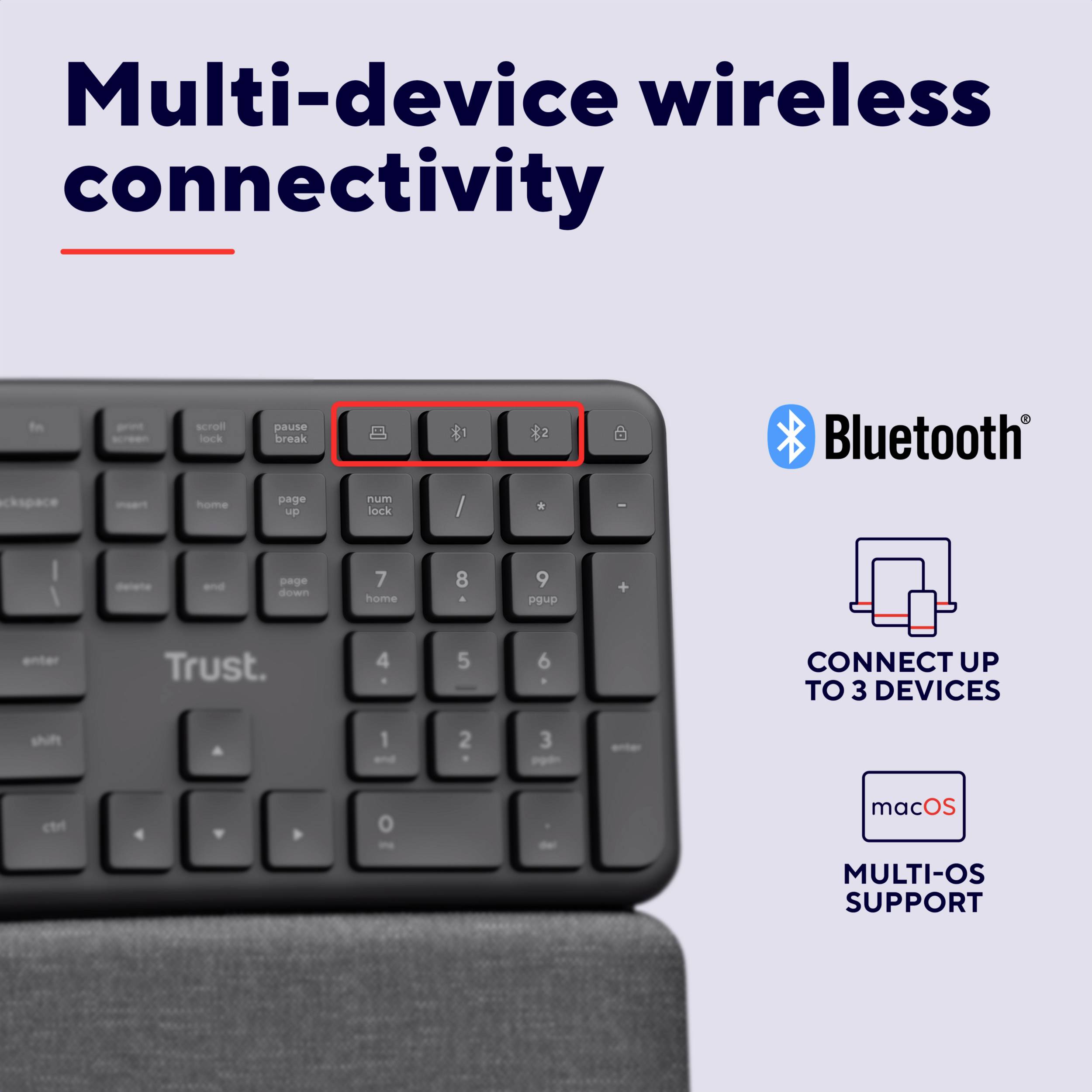 Trust Keyra ERGO Wireless Multi Keyboard DE Bluetooth®, Kabellos Tastatur Ergonomisch Deutsch, QWERTZ Schwarz