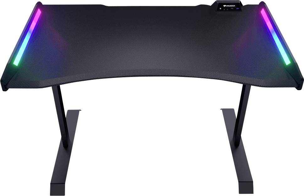 Ein moderner schwarzer Gaming-Schreibtisch mit bunten LED-Lichtstreifen an beiden Seiten, gestützt von zwei robusten Beinen, ideal für Gaming-Setups.