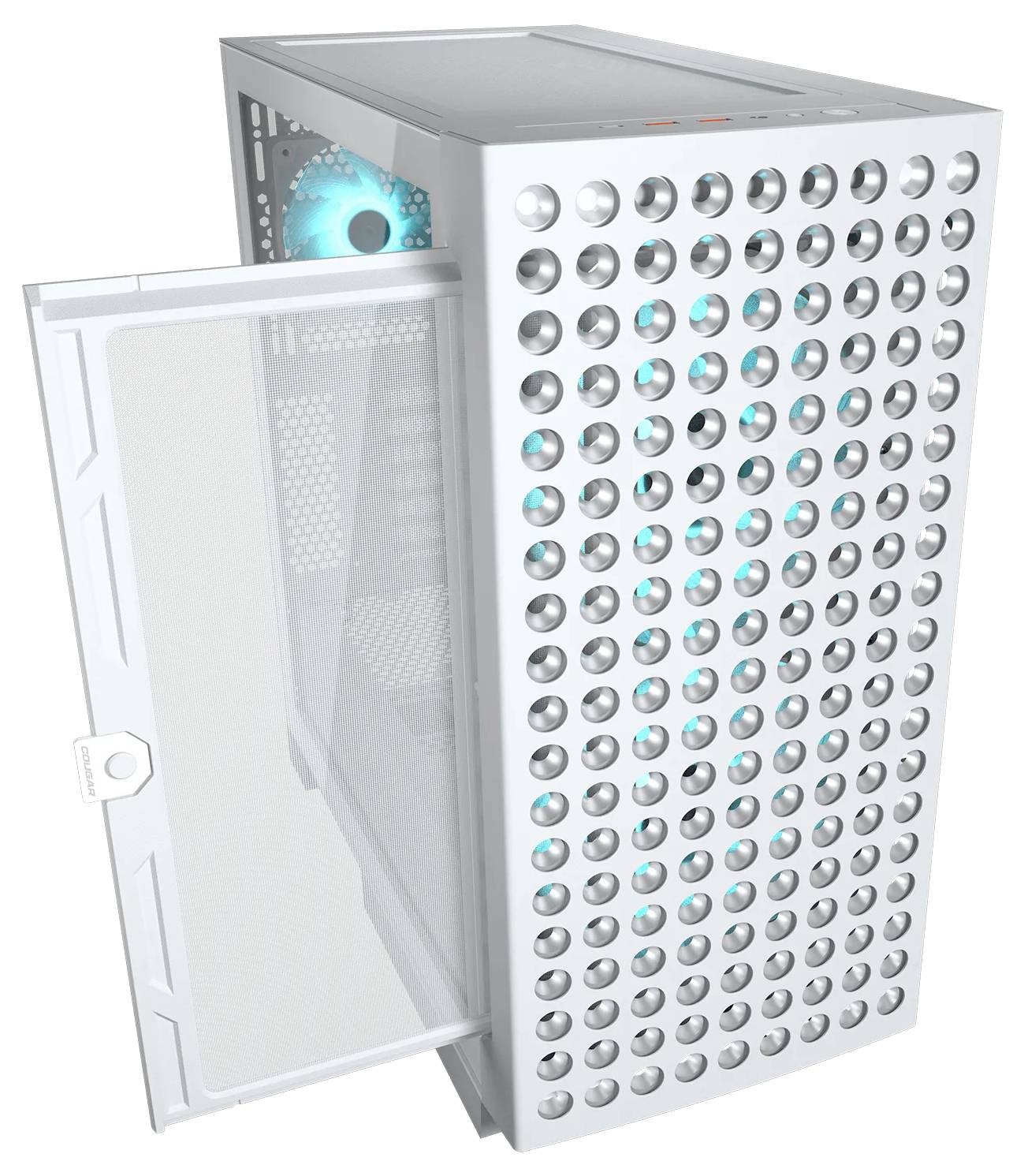 Ein weißes Computergehäuse mit einer gelochten Frontplatte, die kreisförmige Löcher aufweist, und einem blau leuchtenden Lüfter, der durch eine offene Seitentür im Inneren sichtbar ist.