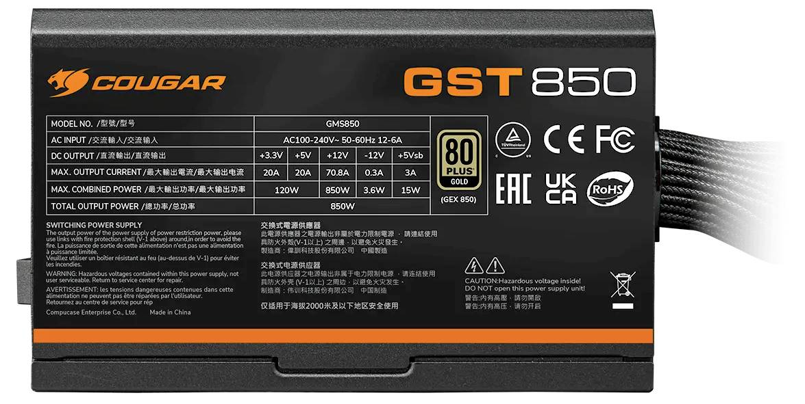 Cougar GST850 PC Netzteil 850W ATX 80PLUS®