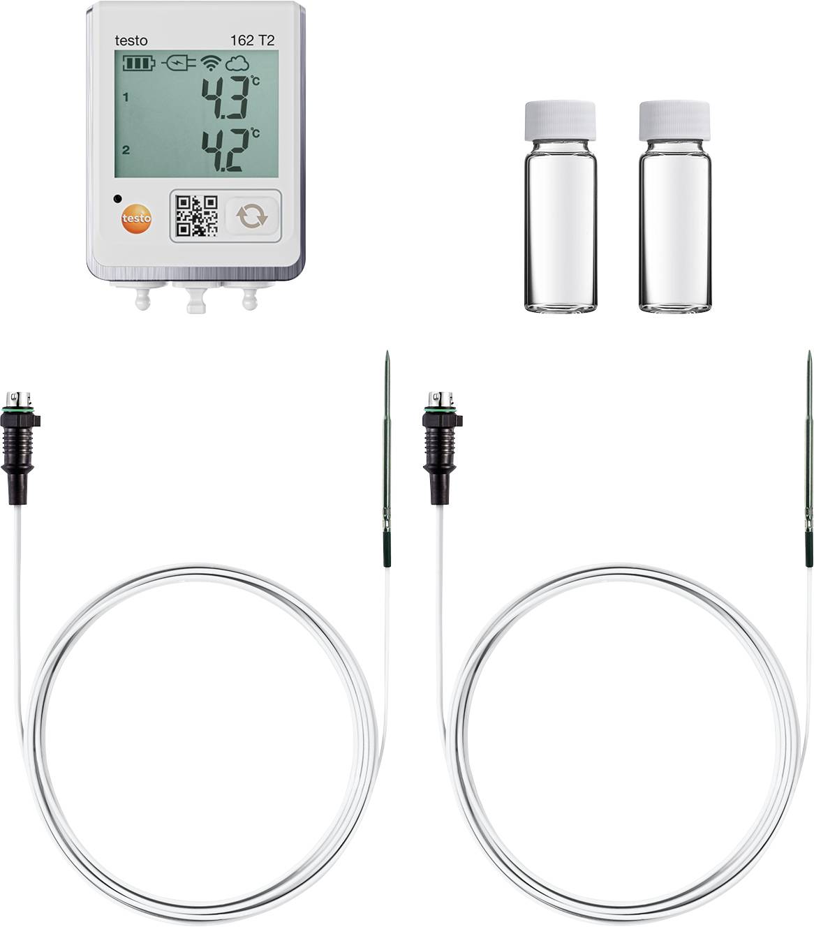 Digitales Thermometer mit Anzeige von '43°C' und '42°C', zwei leere Gläschen und zwei Temperatursensoren mit Kabelanschluss.