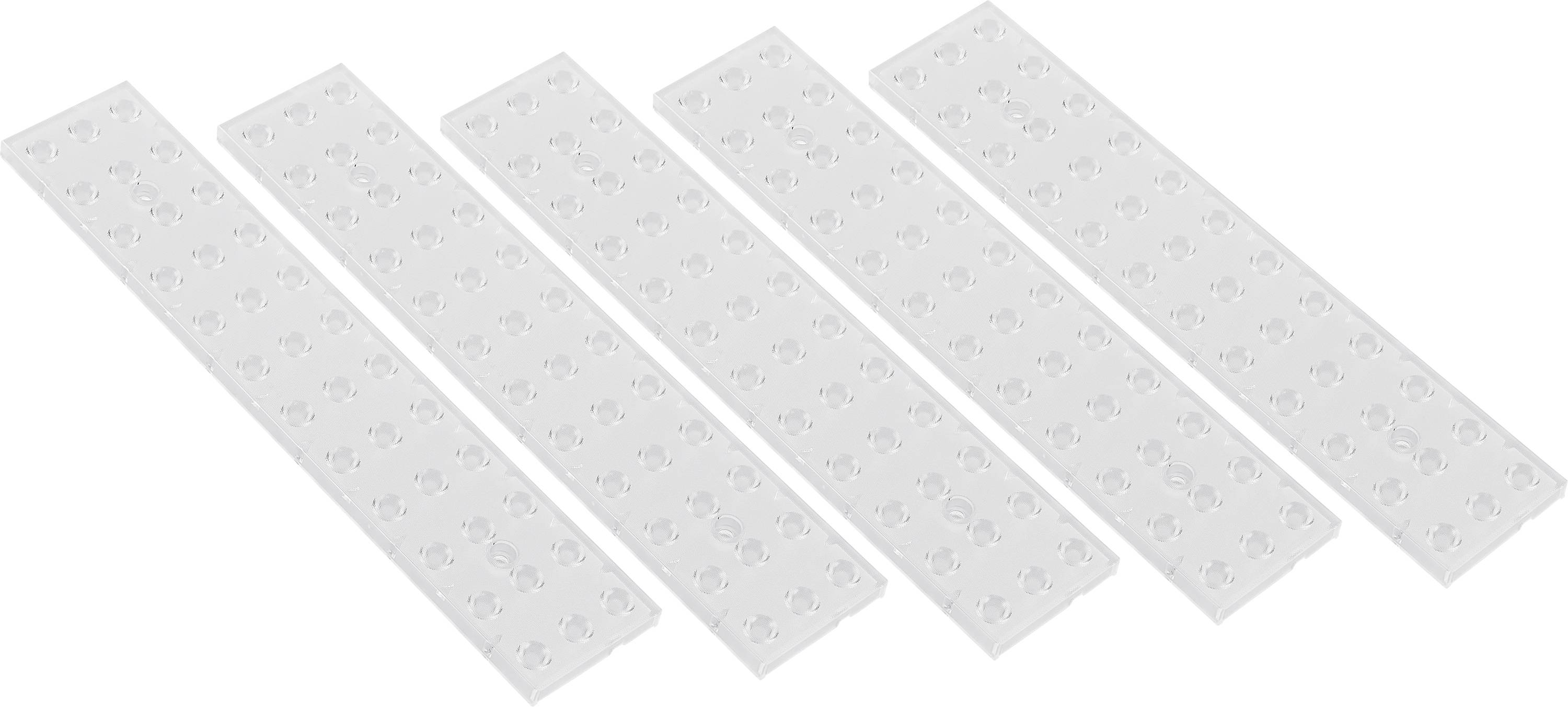 Fünf weiße, rechteckige LEGO-Grundplatten nebeneinander auf einer weißen Oberfläche.
