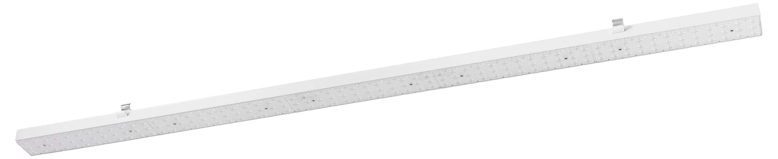 Langgestrecktes, weißes LED-Deckenlicht mit modernem Design. Geeignet zur Beleuchtung großer Räume oder Flächen.