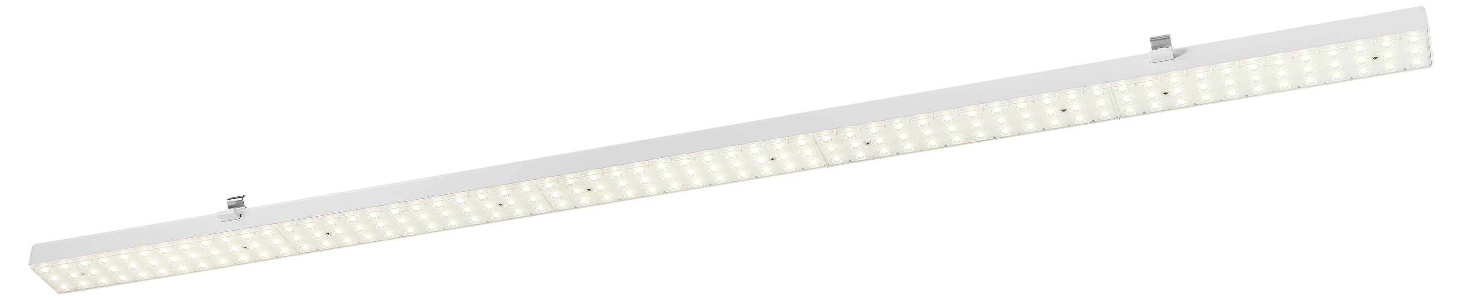 Lange Deckenleuchte mit vielen LED-Lämpchen, die weißes Licht ausstrahlen. Ideal zur gleichmäßigen Raumbeleuchtung.