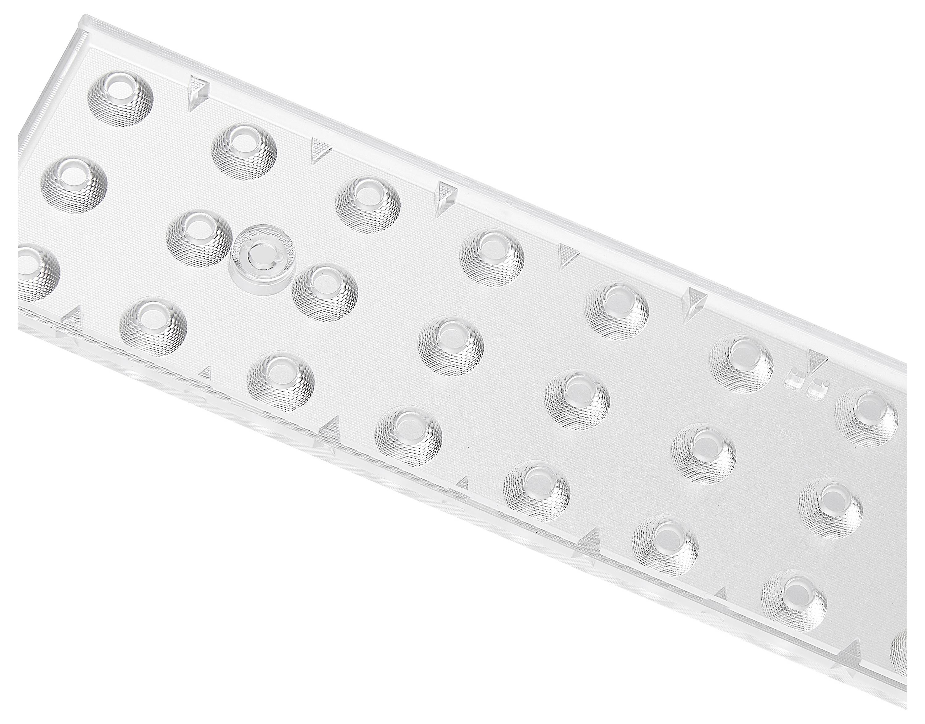 Klare Kunststoffplatte mit mehreren runden Vertiefungen in einem regelmäßigen Muster, verwendet möglicherweise als Halterung oder Behälter.