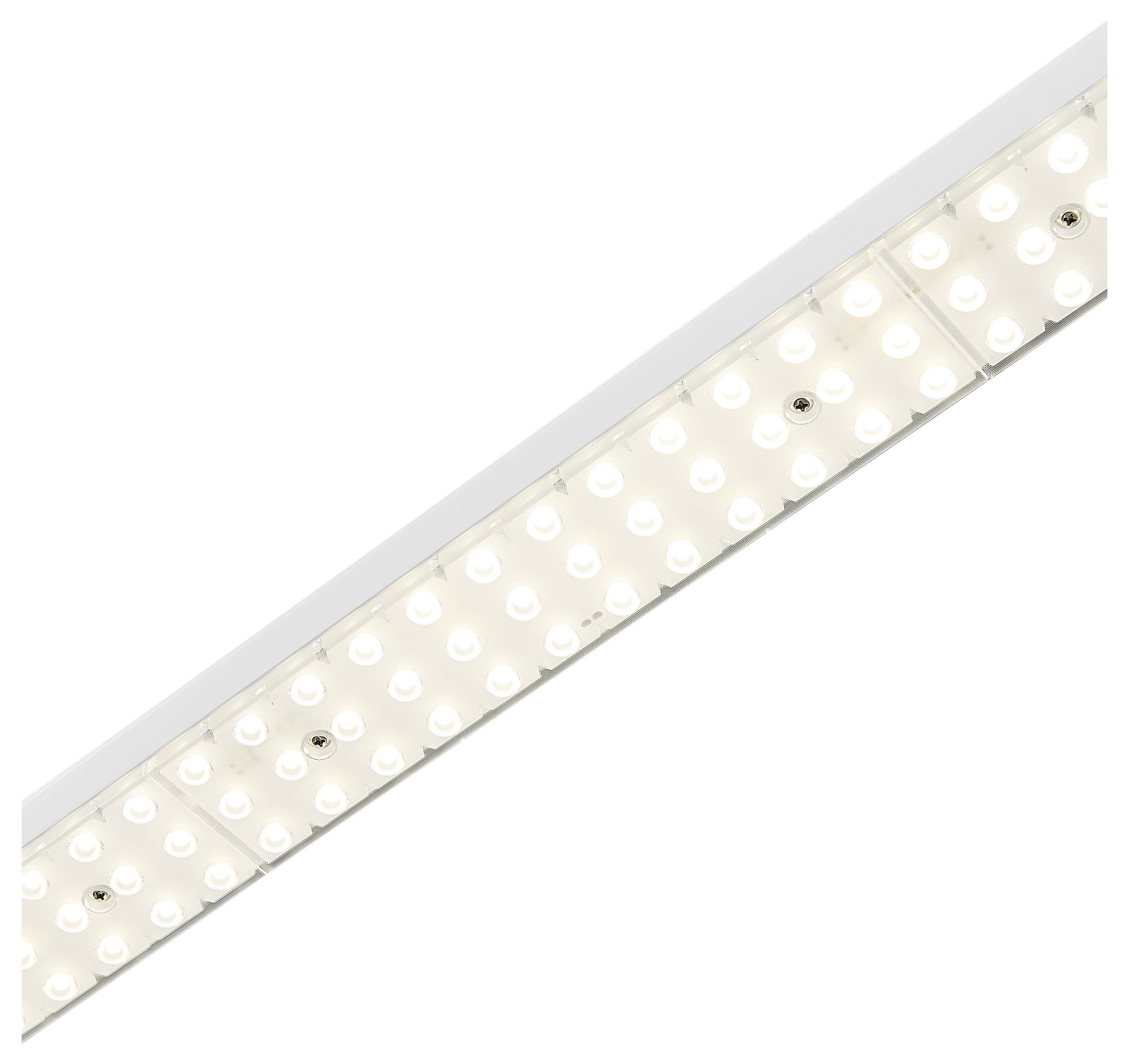 Eine schräg fotografierte LED-Lichtleiste mit mehreren weißen Leuchten, die gleichmäßig über die gesamte Länge verteilt sind.