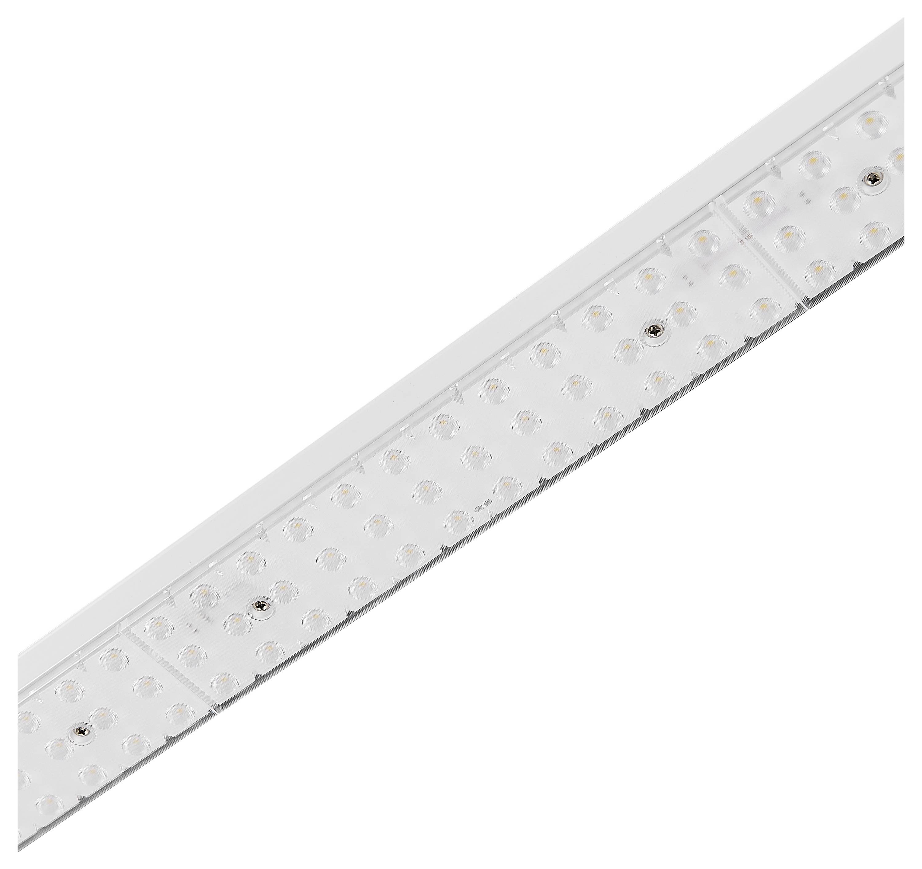 Eine Reihe von weißen LED-Leuchten, diagonal angeordnet, auf einer grauen Oberfläche befestigt.