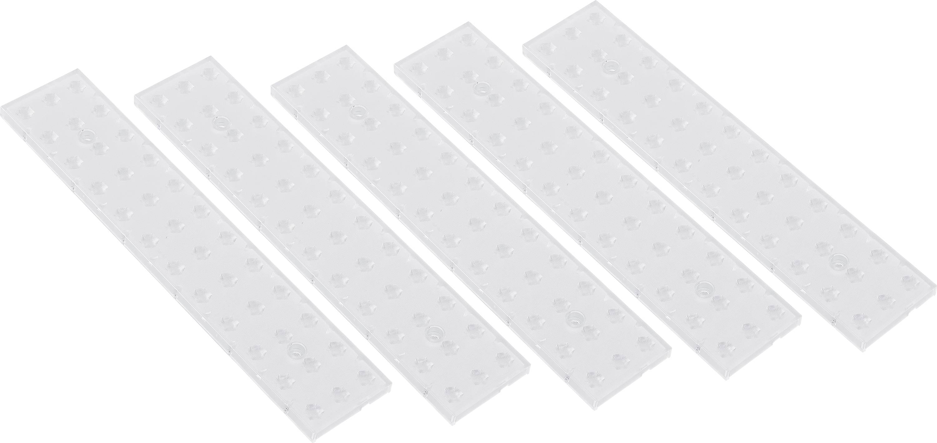 Fünf längliche, weiße Kunststoffeinsätze nebeneinander angeordnet; Oberfläche weist regelmäßige Vertiefungen auf.