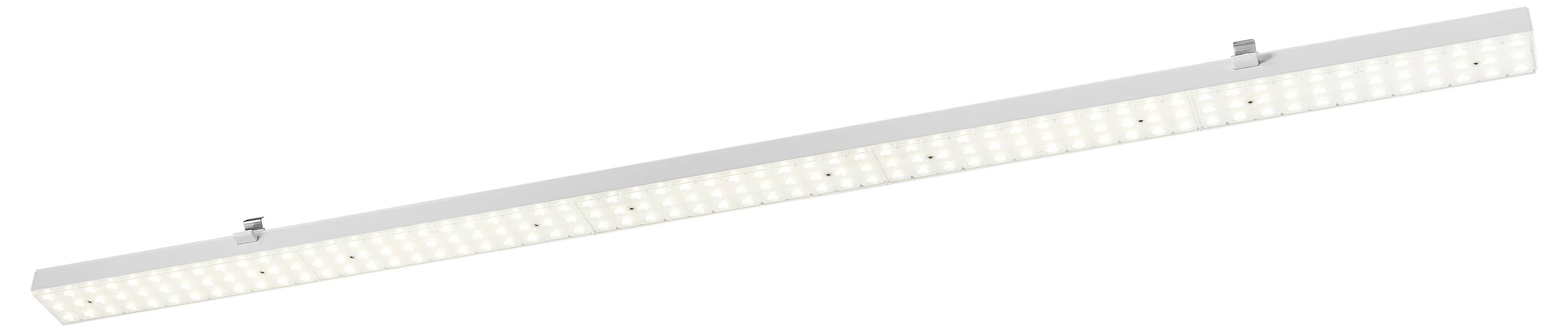Ein rechteckiges LED-Lichtpanel in Weiß mit zwei Befestigungsclips an der Oberseite, geeignet für Decken- oder Wandmontage.