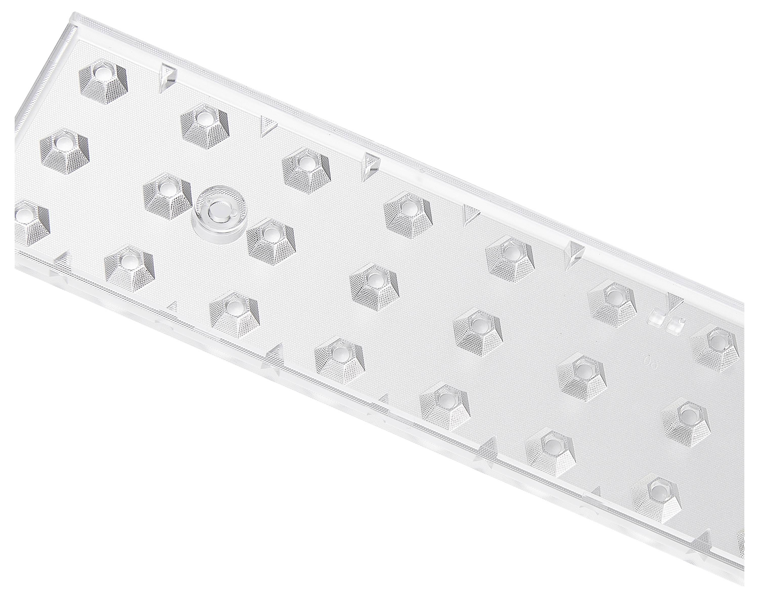 Klares, rechteckiges Kunststoffteil mit mehreren erhobenen Sechsecken und einem zentralen Loch, vermutlich für technisches Gerätedesign.