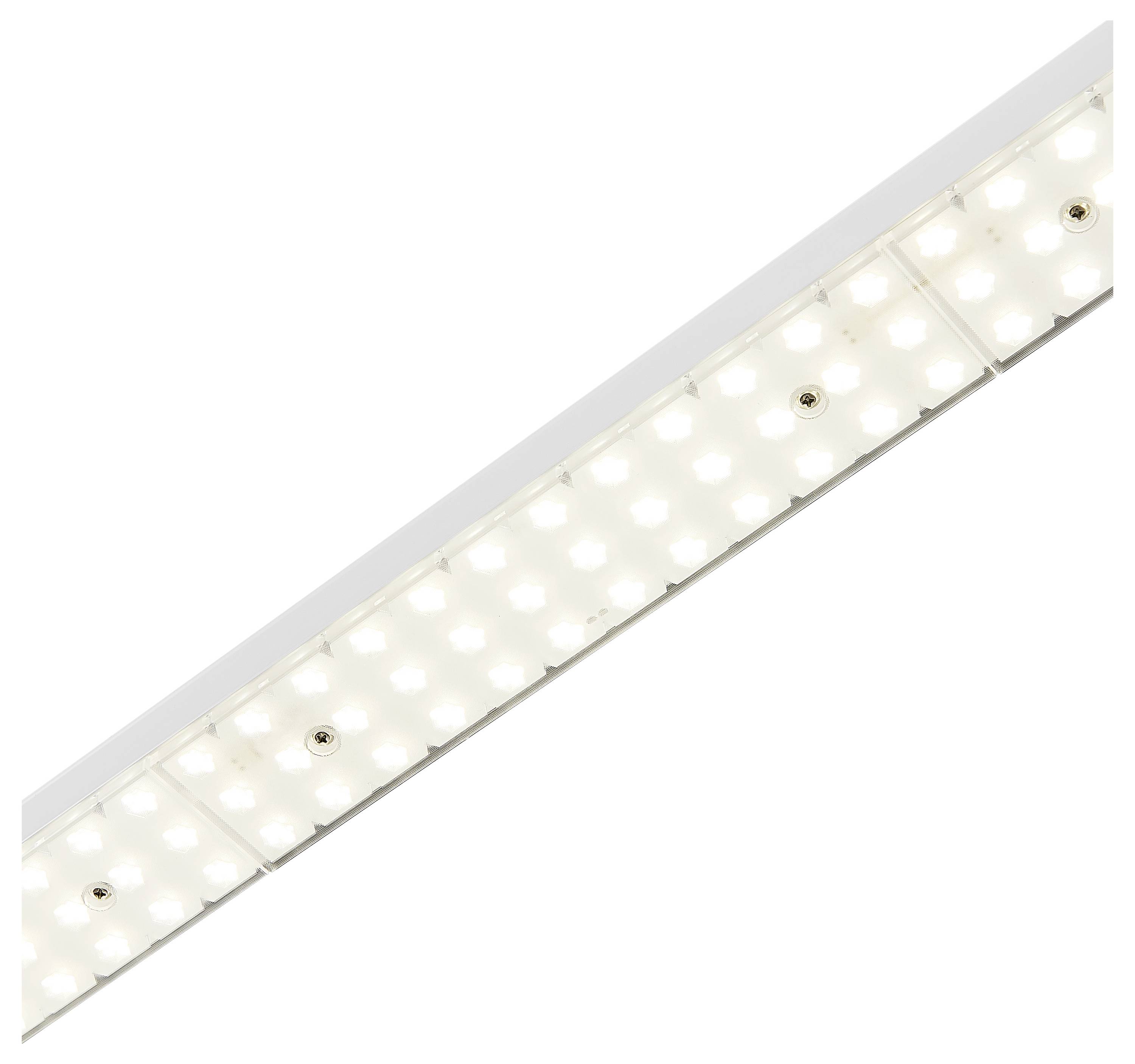 Eine Reihe heller LED-Leuchten in diagonaler Anordnung vor weißem Hintergrund.