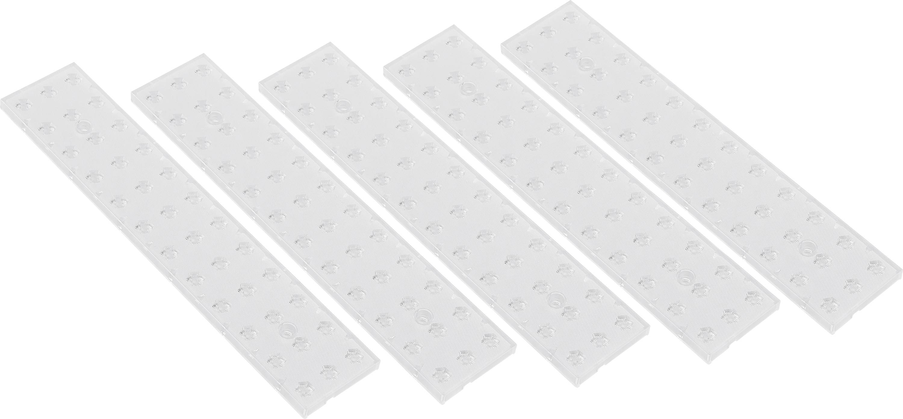 Fünf transparente, längliche Streifen mit kleinen, regelmäßigen Erhebungen darauf, symmetrisch nebeneinander angeordnet.