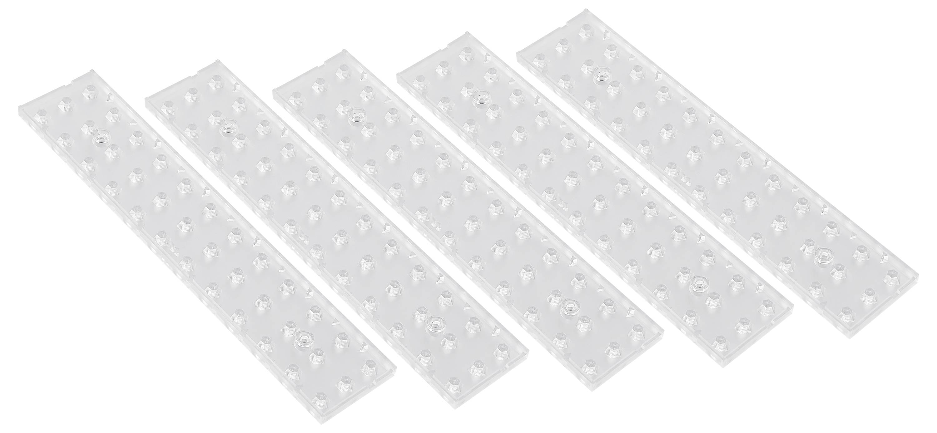 Fünf transparente, rechteckige Kunststoffstreifen mit gleichmäßiger Punktanordnung, möglicherweise zur rutschfesten Verwendung.