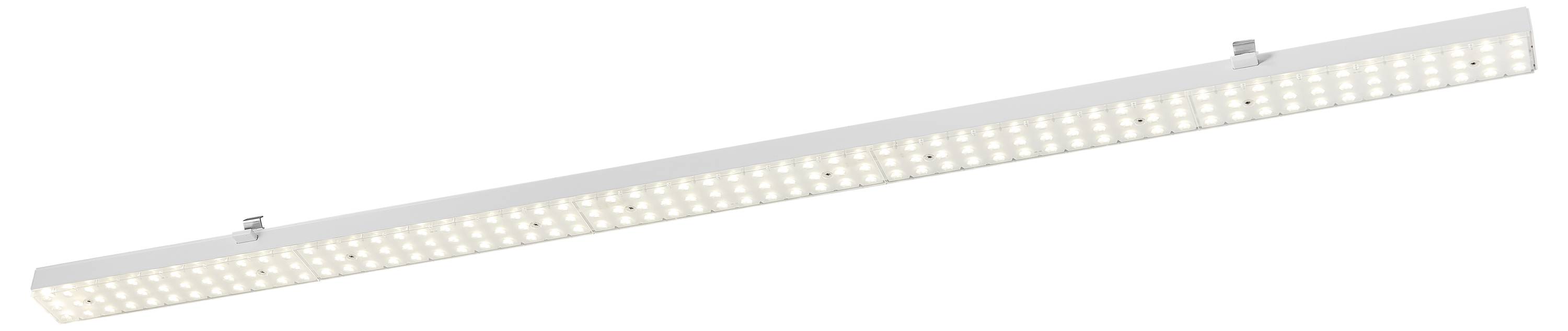 Eine lange, schmale LED-Deckenleuchte mit weißen Leuchten.