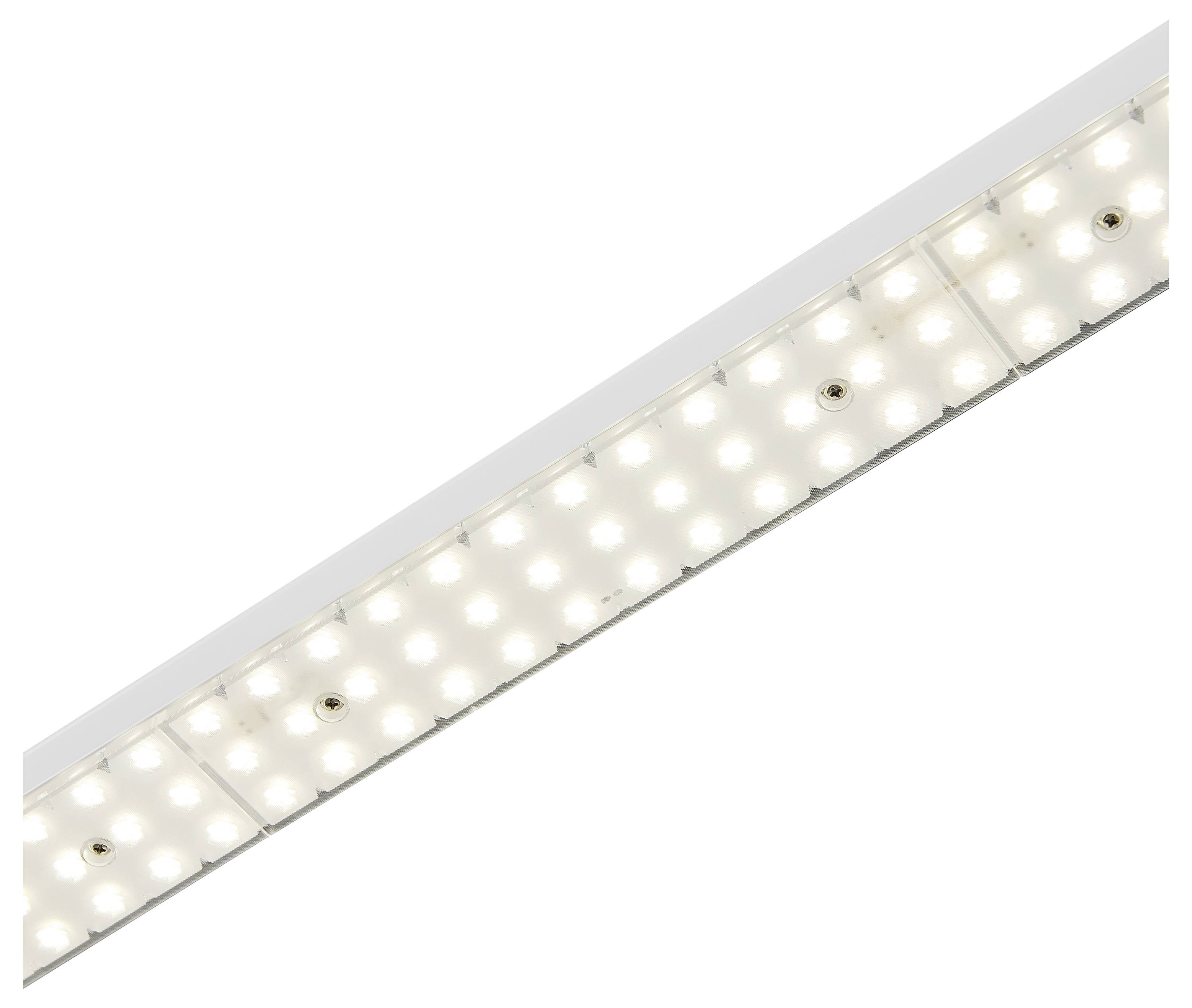 Eine schmale rechteckige LED-Leuchte mit einer Reihe gleichmäßig angeordneter, leuchtender Lichter auf weißem Hintergrund.